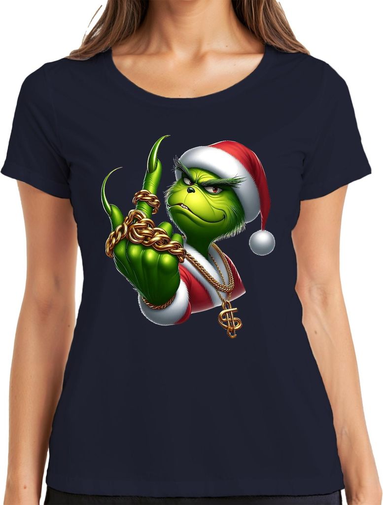 Grinch Santa frech Goldkette Weihnachten Geschenk sarkastisch Damen T-Shirt, Navy, 3XL