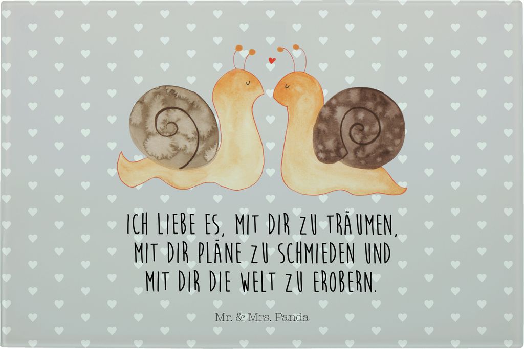Mr. & Mrs. Panda Schneidebrett Schnecken Liebe - Grau Pastell - Geschenk, Freundin, Gemeinsam, Träume, Brotzeitplatte, Servierplatte Glas, Große,...