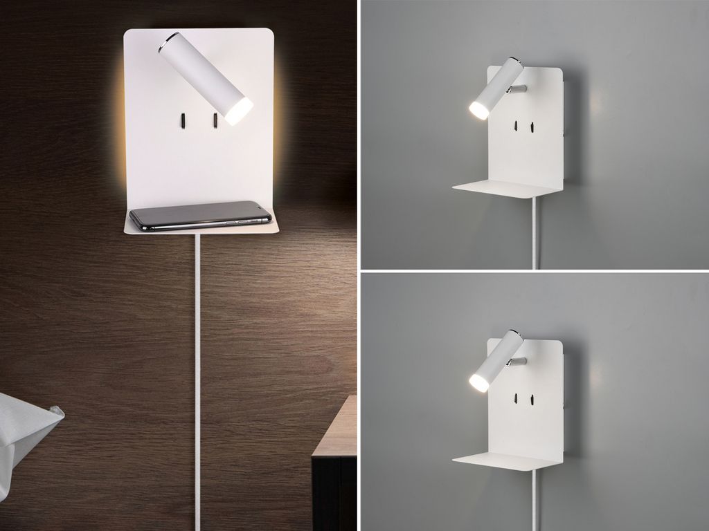 2er Set LED Wandleuchten mit Schalter, Stecker, Ablage und USB Ladefunktion Weiß