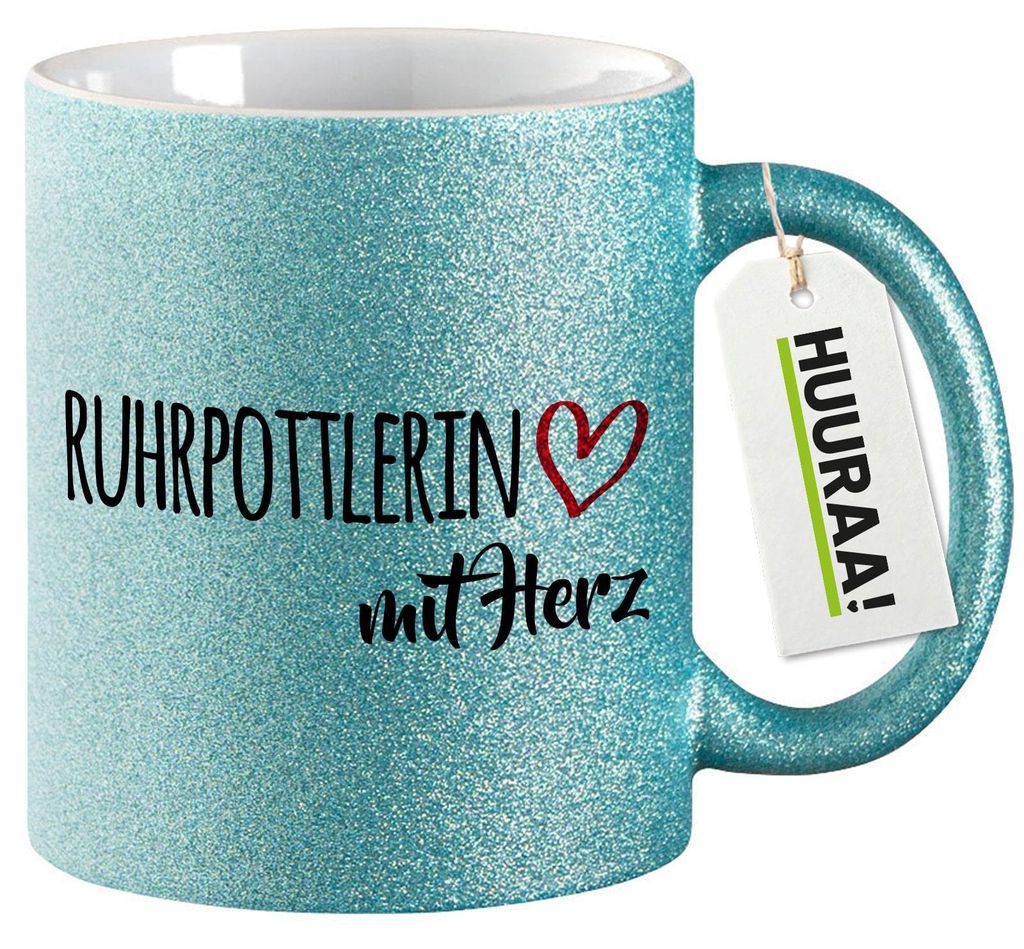 Huuraa Glitzertasse Ruhrpottlerin mit Herz 330ml Blau Keramik Kaffeebecher Geschenkidee