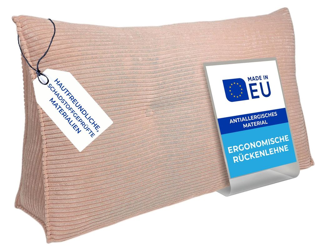 Pillows24 - Rückenkissen für Bett & Sofa mit abnehmbarem, waschbarem Bezug - 160cm breit | Großes Lesekissen - Keilkissen, Cord-Rosa