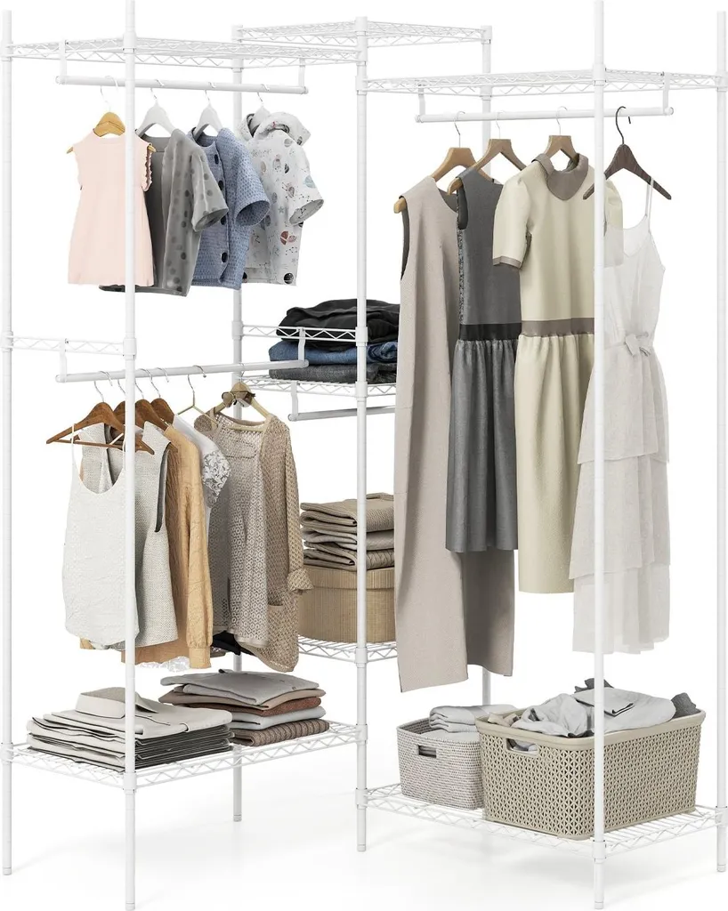 Penderie portative horizontale en L blanche pour rangement de vêtements