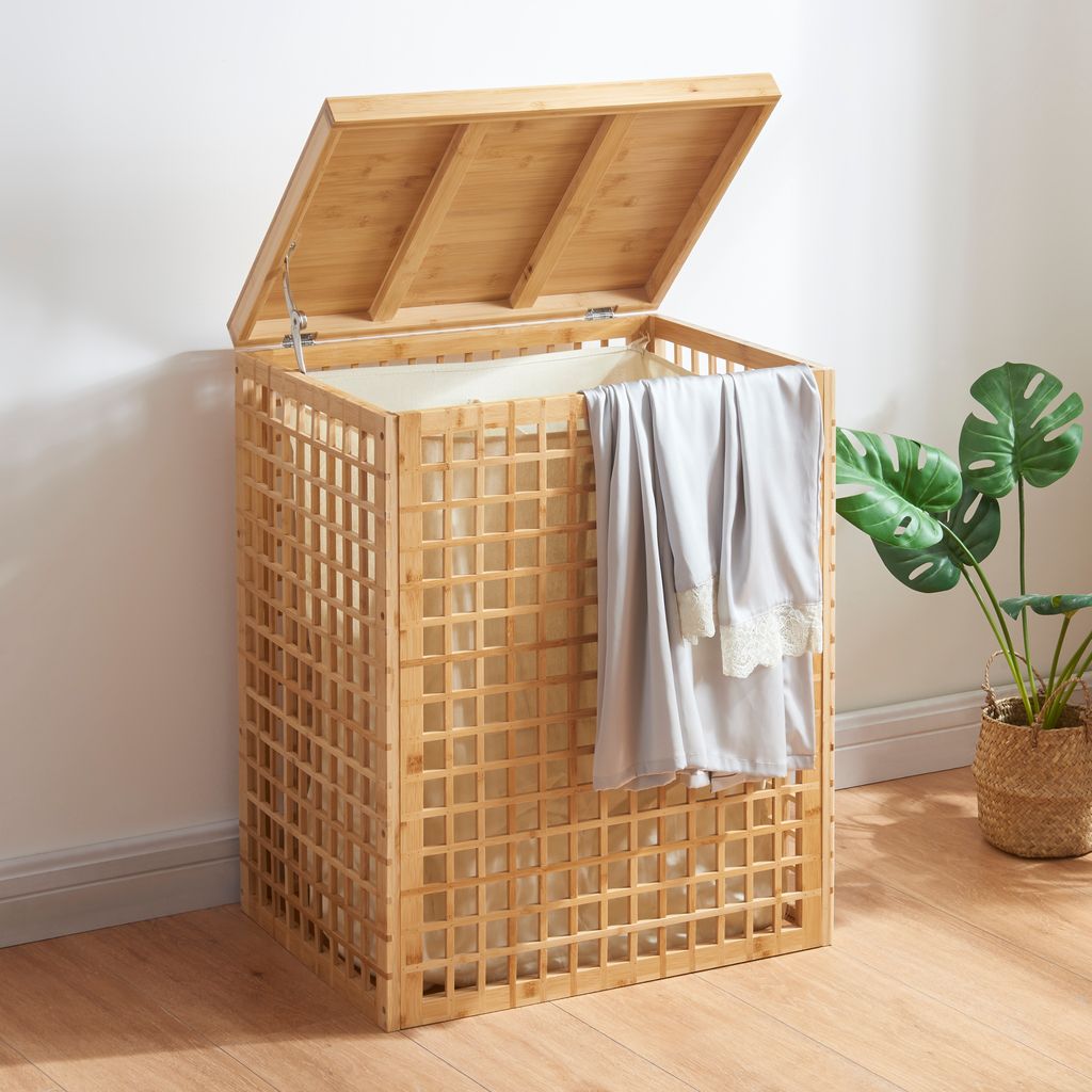 Panier à Linge En Bambou Avec Couvercle & Sac Amovible - 64 Litres - Rangement Buanderie, Chambre, Salle De Bain