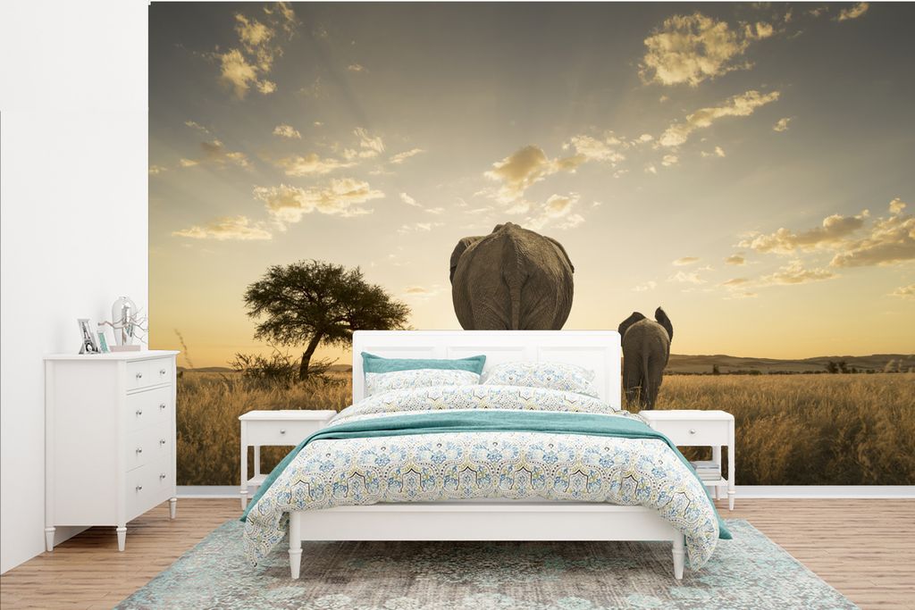 MuchoWow Fototapete für Wohnzimmer oder Schlafzimmer Wandtapete Vinyl Motivtapete Savanne für Elefanten und Kälber - 385x240 cm - Schlafzimmer...