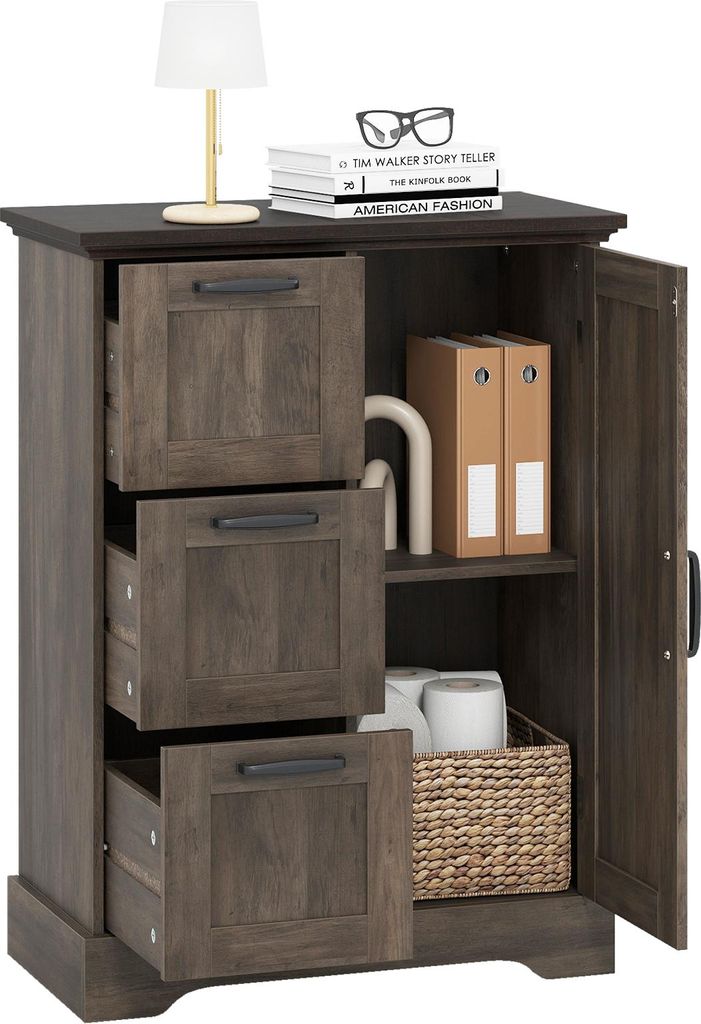 COSTWAY Küchenschrank, Aufbewahrungsschrank, Buffetschrank mit Türen & 3 Schubladen, Anti-Kipp-Sicherung für Küche, Esszimmer, 60x30x80cm, Grau