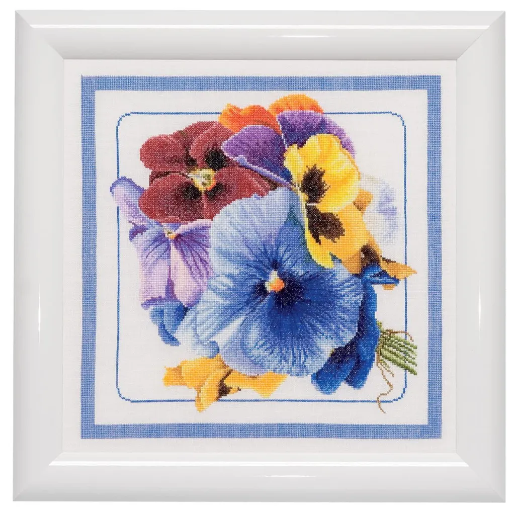 Kit point de croix fleurs Pensées pour décoration murale DIY 34x34 cm