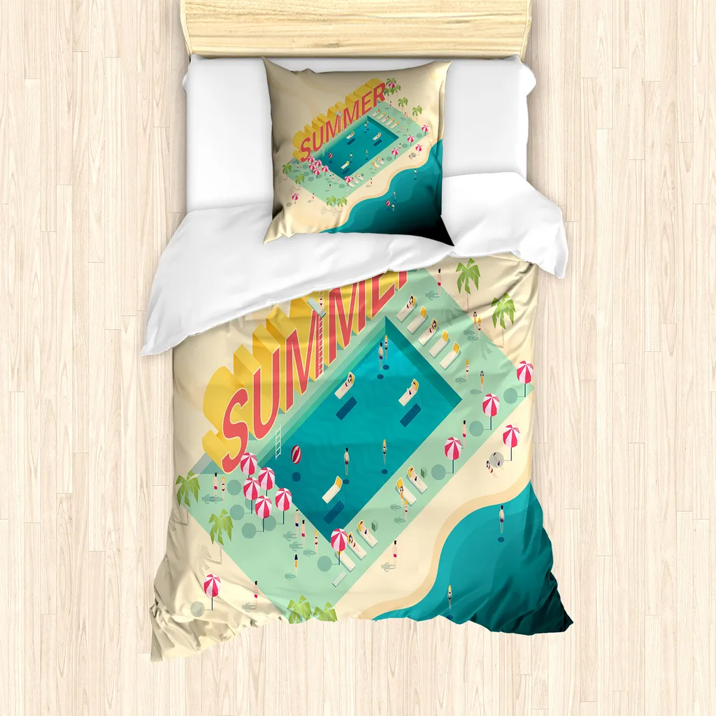ABAKUHAUS Set copripiumino per letto singolo Pool Party, estate-spiaggia-oceano-divertimento, antiacaro, adatto a chi soffre di allergie, con federa, 135 cm x 200 cm - 80 x 80 cm, multicolore