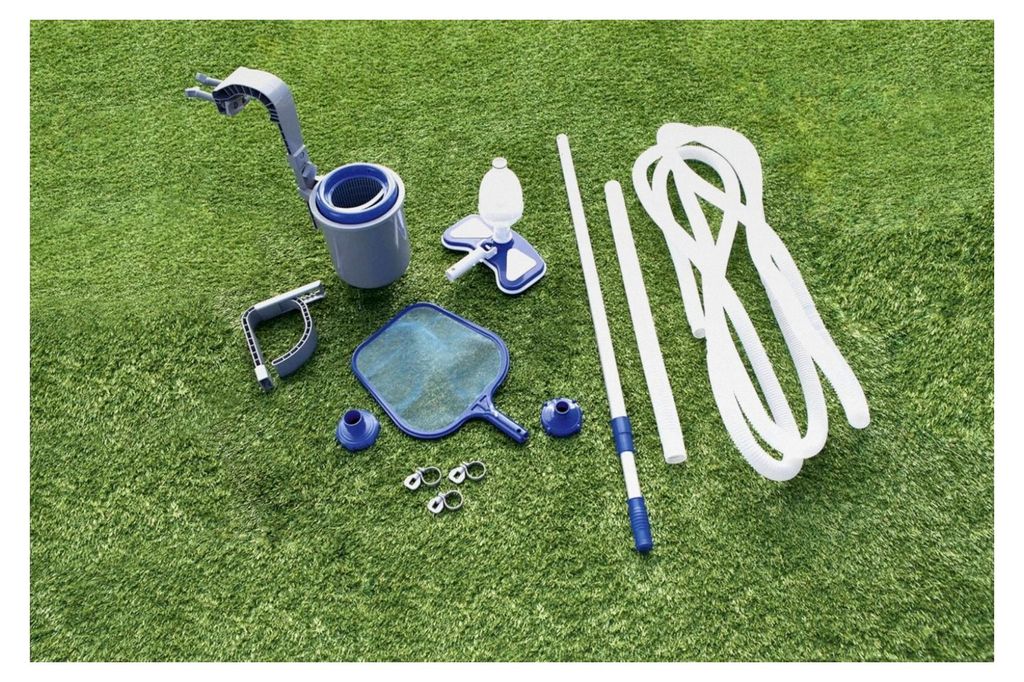 Flowclear Poolpflege Set, Deluxe mit pumpenbetriebenem Poolsauger, Skimmer und Kescher für gängige Poolgrößen, Mehrfarbig