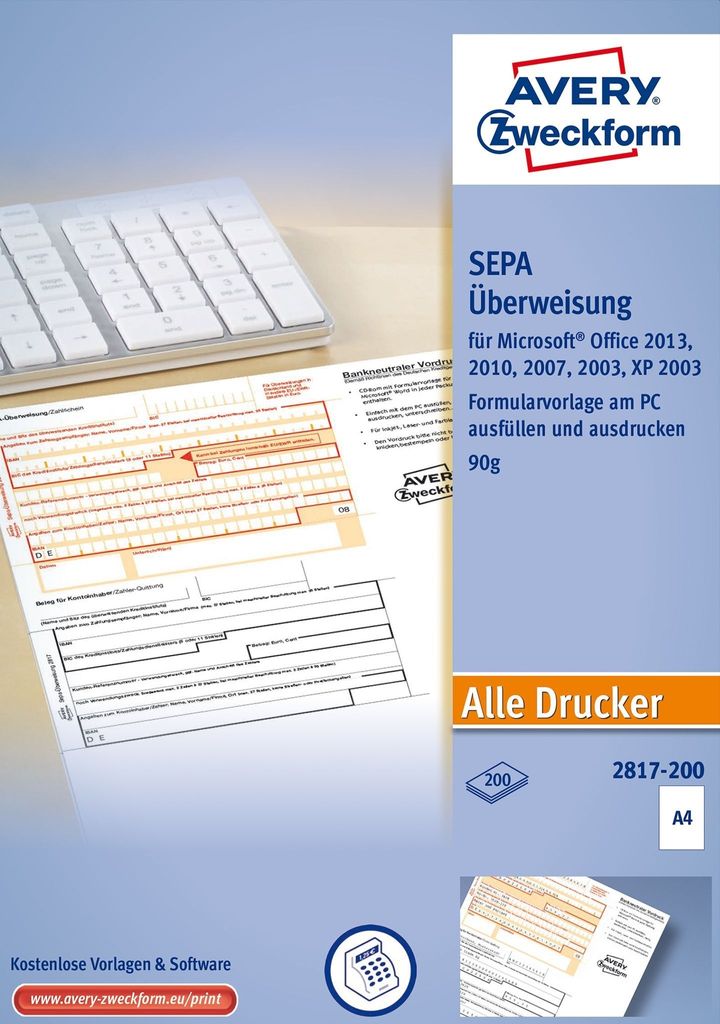 EU-Standardüberweisung für MS Office A4 200 Blatt Packung mit 5 Stück