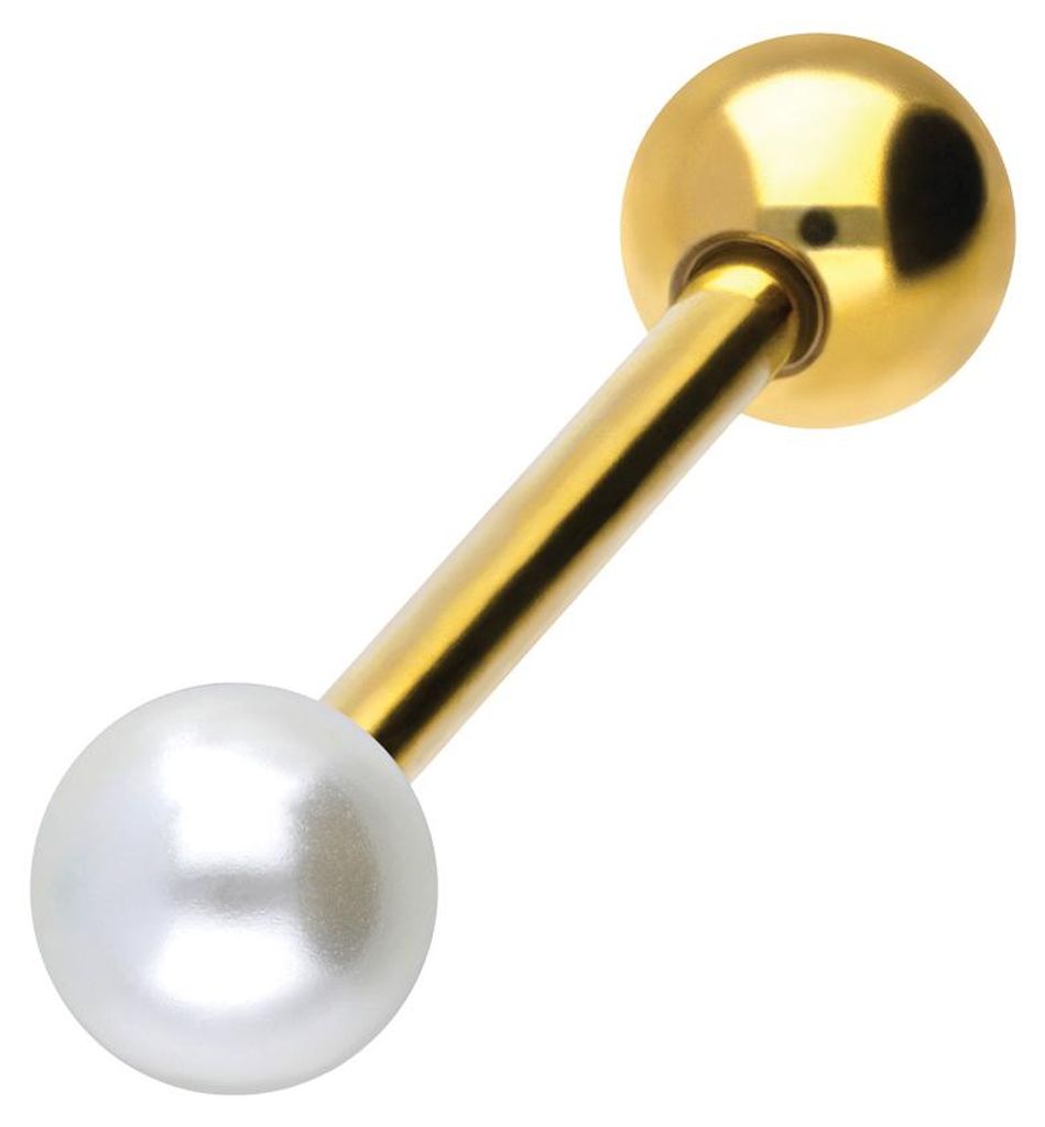 Zungenpiercing, Intim-Piercing Titan Barbell SYNTHETISCHE PERLE + TITAN-KUGEL Gold Stablänge: 14mm