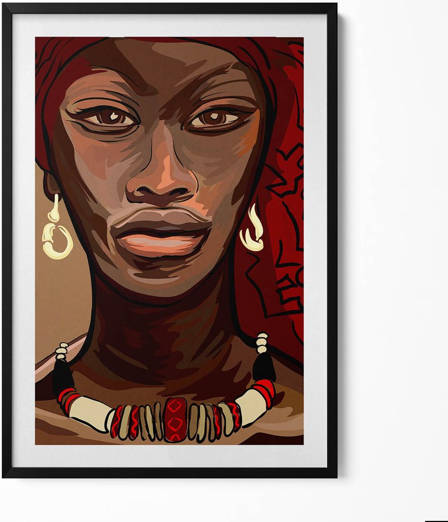 Kunst - Gemälde einer afrikanischen Frau– Wandbild mit Rahmen – Gerahmtes Bild – Wanddekoration – 70x100 cm – Schwarz Rahmen