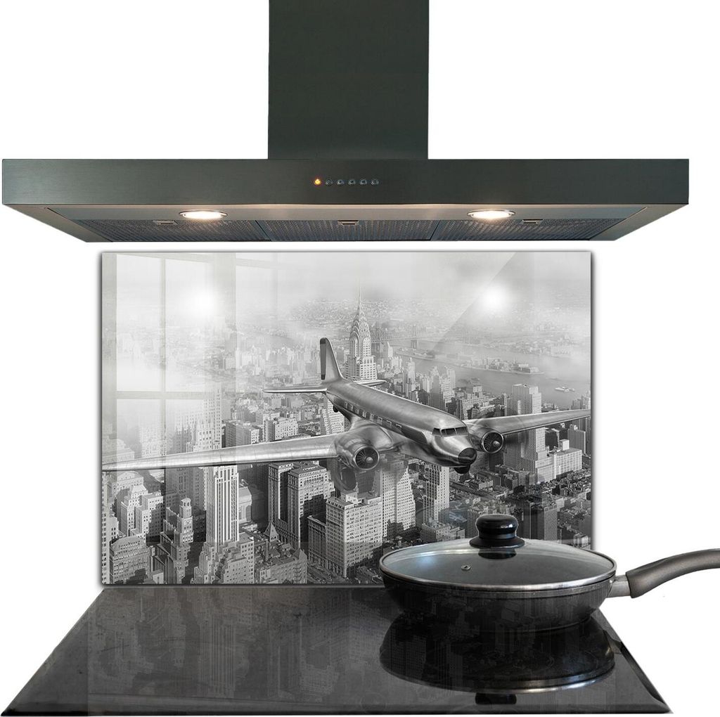 Spritzschutz aus Glas Küchenrückwand - Wandschutz für Herd und Spüle - 80x60 cm - Flugzeug über New York