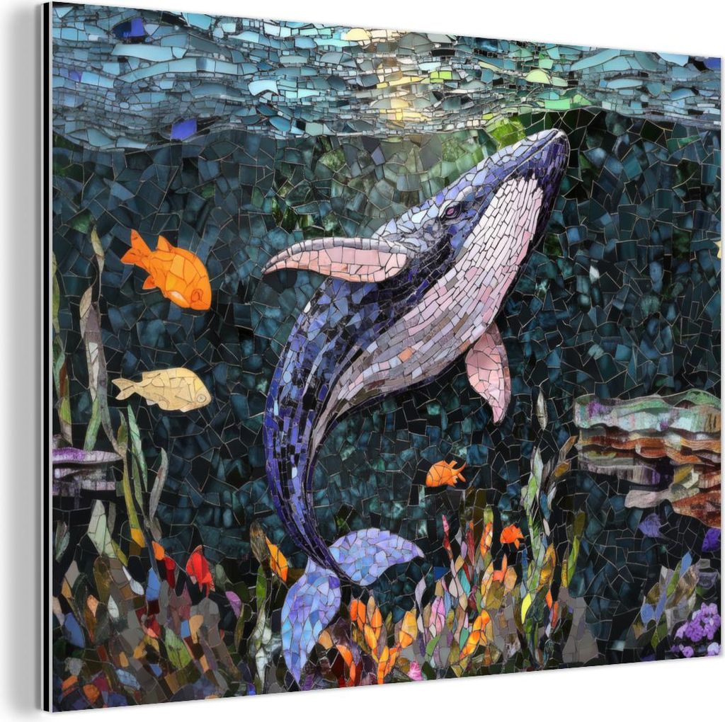 MuchoWow Wanddekoration Metall Metallbild Wandkunst 80x60 cm Mosaik - Wal - Koralle - Wasser MuchoWow Aluminium Gemälde - Alubild