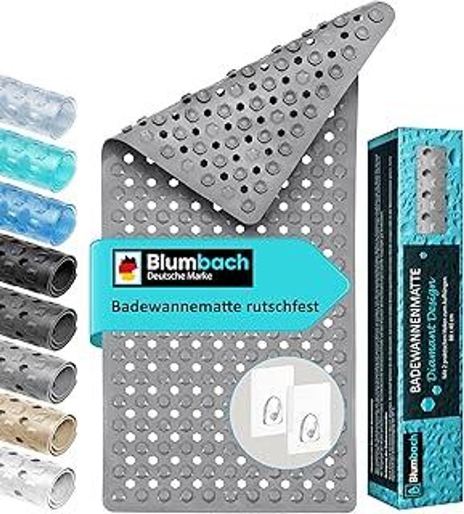 BlumbachBadewannenmatte rutschfest 88x40cm – inkl. 2 Haken zum Trocknen | 100% BPA-frei, Sicher für Kinder & Senioren | Badematte rutschfest 200...