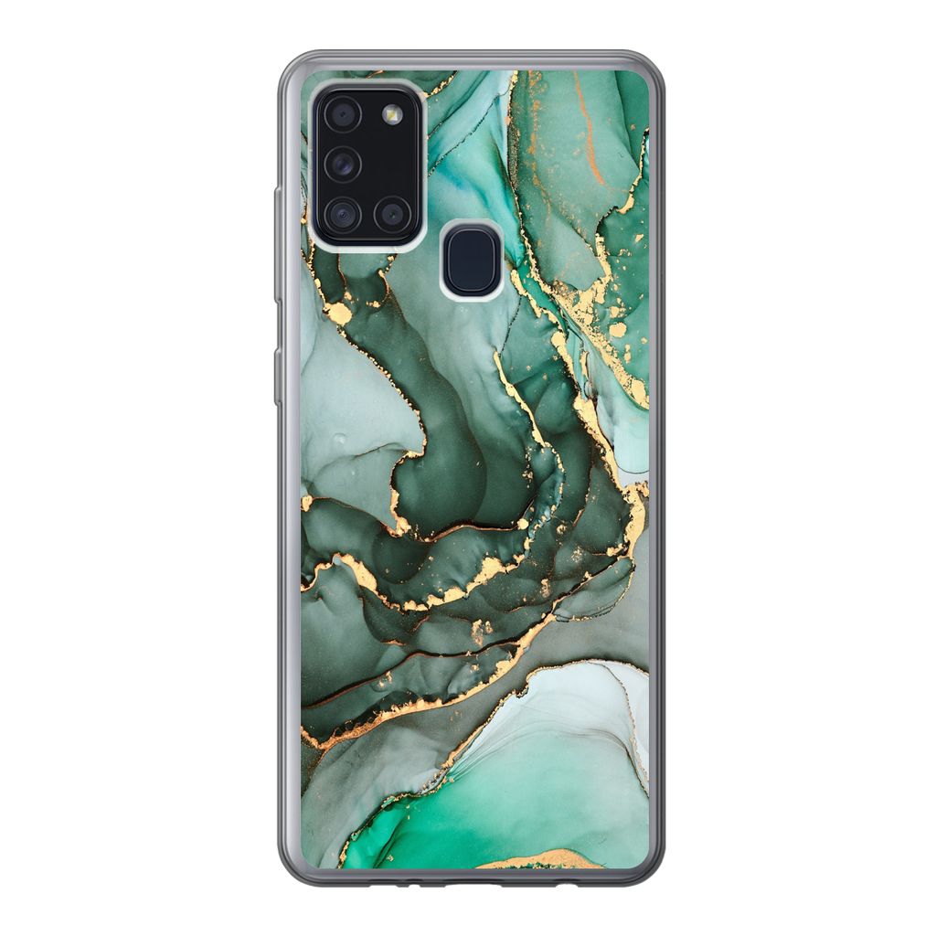 MuchoWow Handyhülle Schutzhülle Hülle für Samsung Galaxy A21s Gold - Marmor - Grün - Luxus - Marmoroptik - Grau Silikon Softcase Handy Hüll...