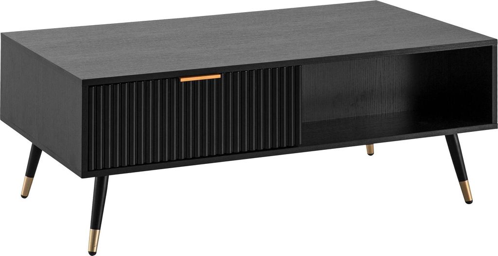 Couchtisch 110x60x43cm Schwarz Eiche-Dekor mit gerillter Schranktür und offenem Stauraum in Gesamtansicht.