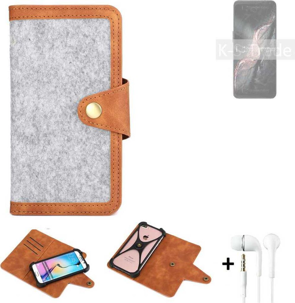 K-S-Trade Handyhülle + Kopfhörer kompatibel mit Lenovo Legion Y90 Schutzhülle Filz Hülle Kunstleder hellgrau braun (1x)