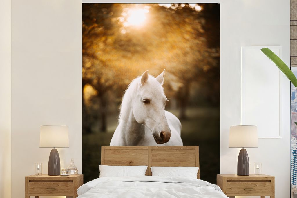 MuchoWow Fototapete für Wohnzimmer oder Schlafzimmer Wandtapete Vinyl Motivtapete Pferd - Sonne - Herbst - Tiere - Natur - 170x260 cm - Kinderta...