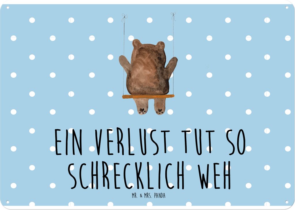 Mr. & Mrs. Panda Wandbild Bär Schaukel DIN A4 - Blau Pastell - Geschenk, Retro Blechschild, Teddy, tafel, Türschild, Schild