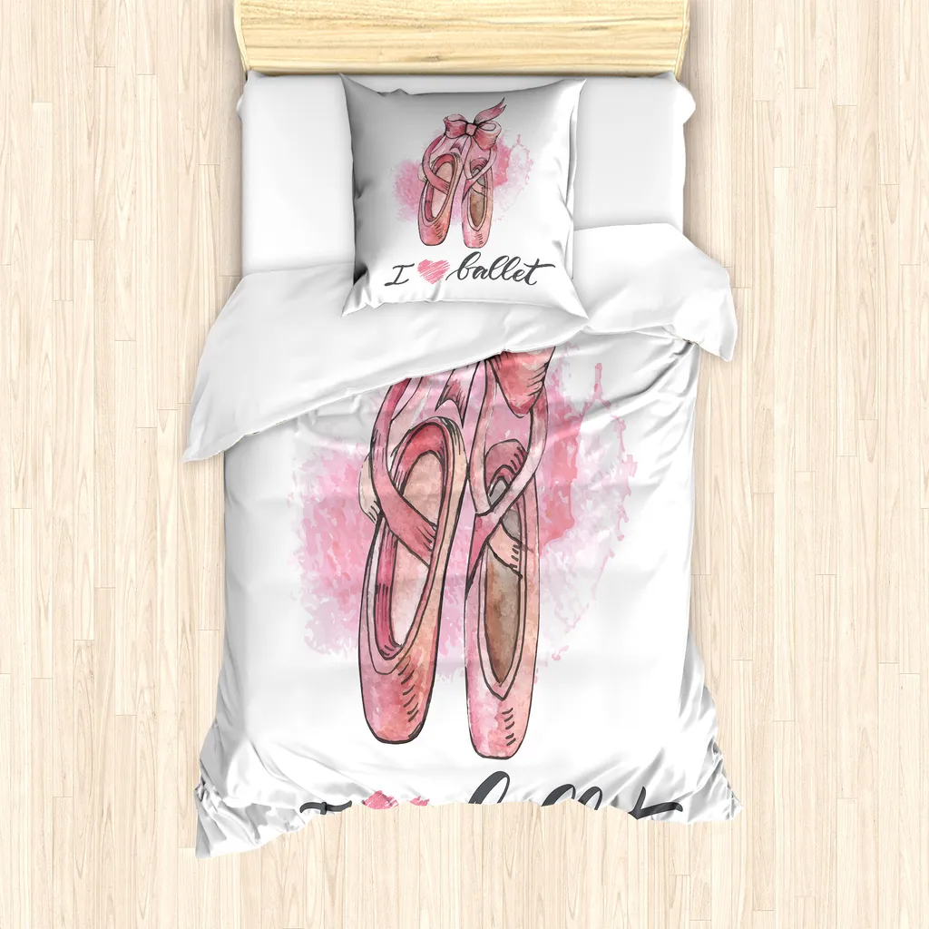 ABAKUHAUS Set copripiumino Ballerina per letti singoli, I Love Ballet Typography, antiacaro, adatto a chi soffre di allergie, con federa, 135 cm x 200 cm - 80 x 80 cm, multicolore