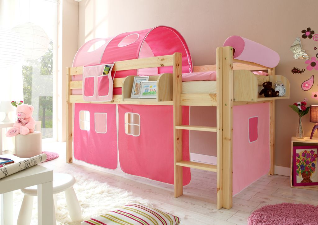 Hochbett "Malte" Kiefer Natur Classic (Rosa-Pink)