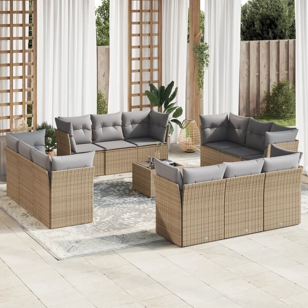 CLORIS 13-tlg. Garten-Sofagarnitur - mit Kissen - Beige Poly Rattan - Gartenmöbelgarnituren LL0000255195