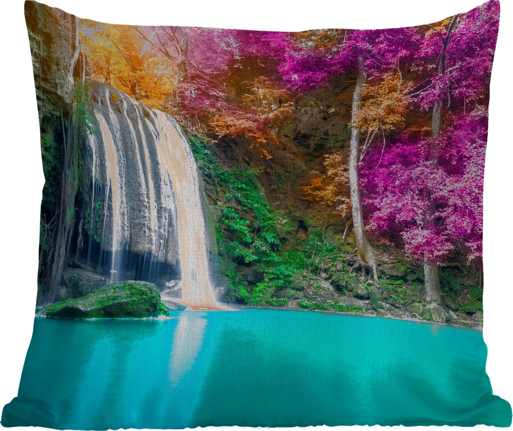 MuchoWow Outdoor Kissen - Wasserfall - Bäume - Rosa - Braun - Natur - 45x45 cm - Wetterfest - Lounge Kissen - Fotokissen - Dekoratives Kissen