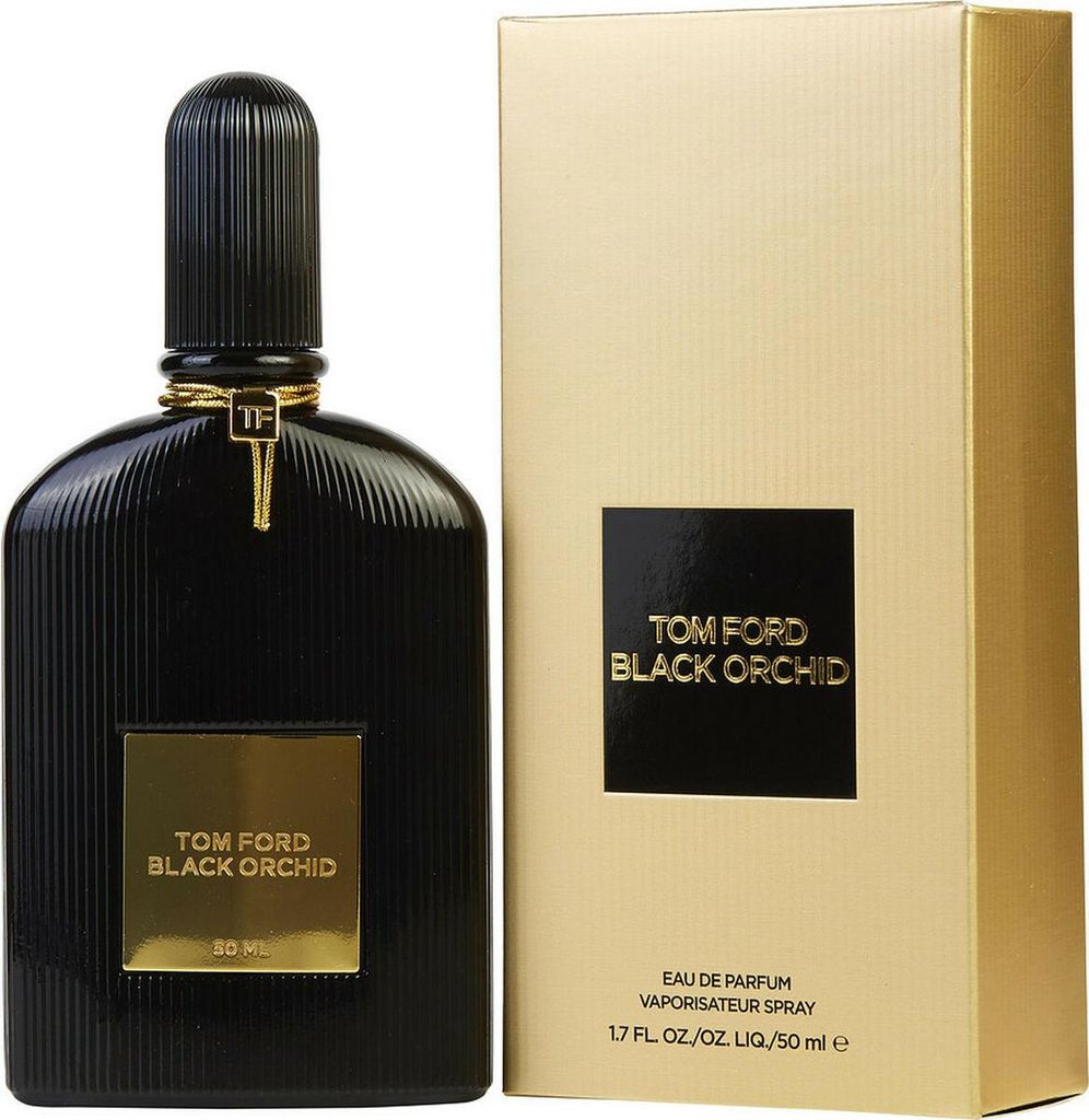 A black Tom Ford Black Orchid perfume bottle and its gold and black packaging are displayed against a white background.