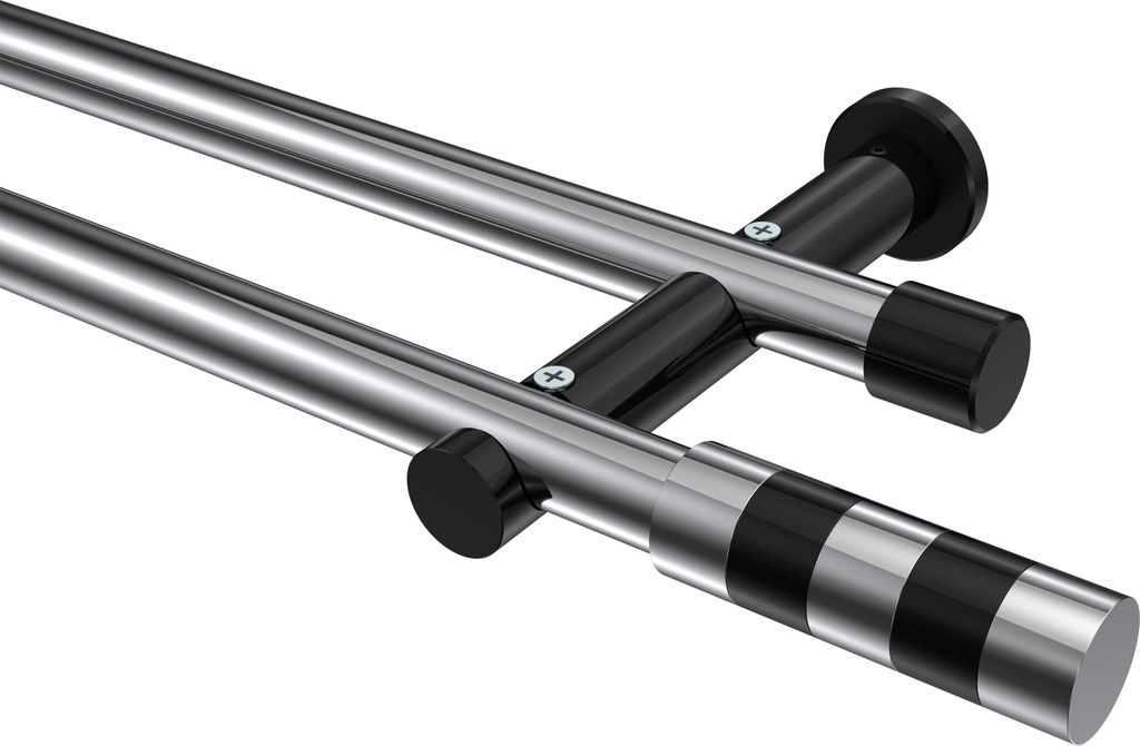 Interdeco Gardinenstange / Vorhangstange Chrom / Schwarz, Typ Platon Mavell (Zylinder Bicolor) ohne Ringe, 20 mm Ø 2-läufig, 240 cm