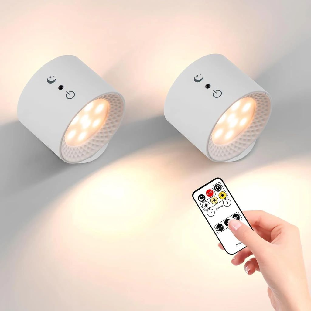 2*LED-Wandleuchter, Doppellampe mit 4 dimmbaren Helligkeiten, 3 Farben, kabelloser abnehmbarer Magnetkugel, 360°-Drehung, Touch-Fernbedienung