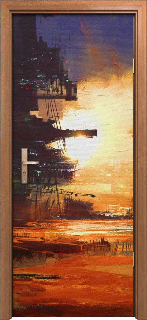 Türposter 80x200 cm Türaufkleber Türtapete Türfolie Klebefolie Kunst Scifi Stadt bei Sonnenuntergang