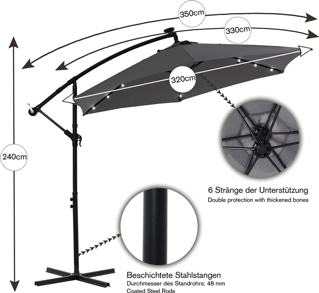 OFFERTA Ombrellone 3,5M LED Solare Beige - Giardino e Terrazzo - 7