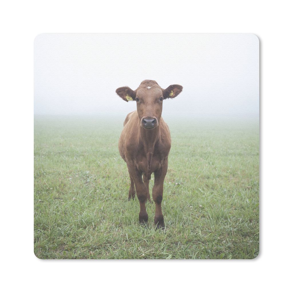 MuchoWow Mauspad Mousepad Kuh - Nebel - Gras 20x20 cm - Mousepads - Maus Mat - Pad - Mausunterlage - Desk Mat - Bureauartikeln