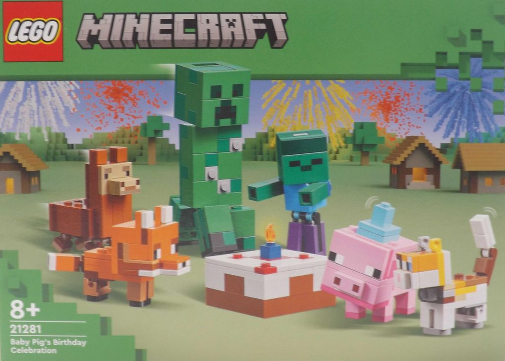 The image shows the LEGO Minecraft Baby Pig's Birthday Celebration set packaging, featuring various Minecraft characters and a birthday cake.