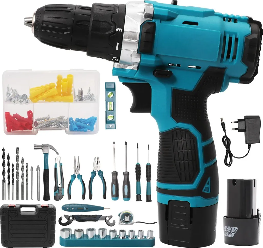 Perceuse-visseuse sans fil 12V 25Nm avec kit complet de 87 pièces Argent