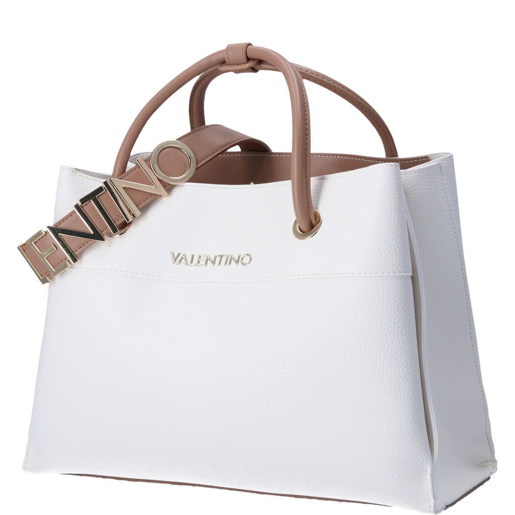 A white Valentino handbag with tan handles and a tan strap with gold 'VALENTINO' lettering.