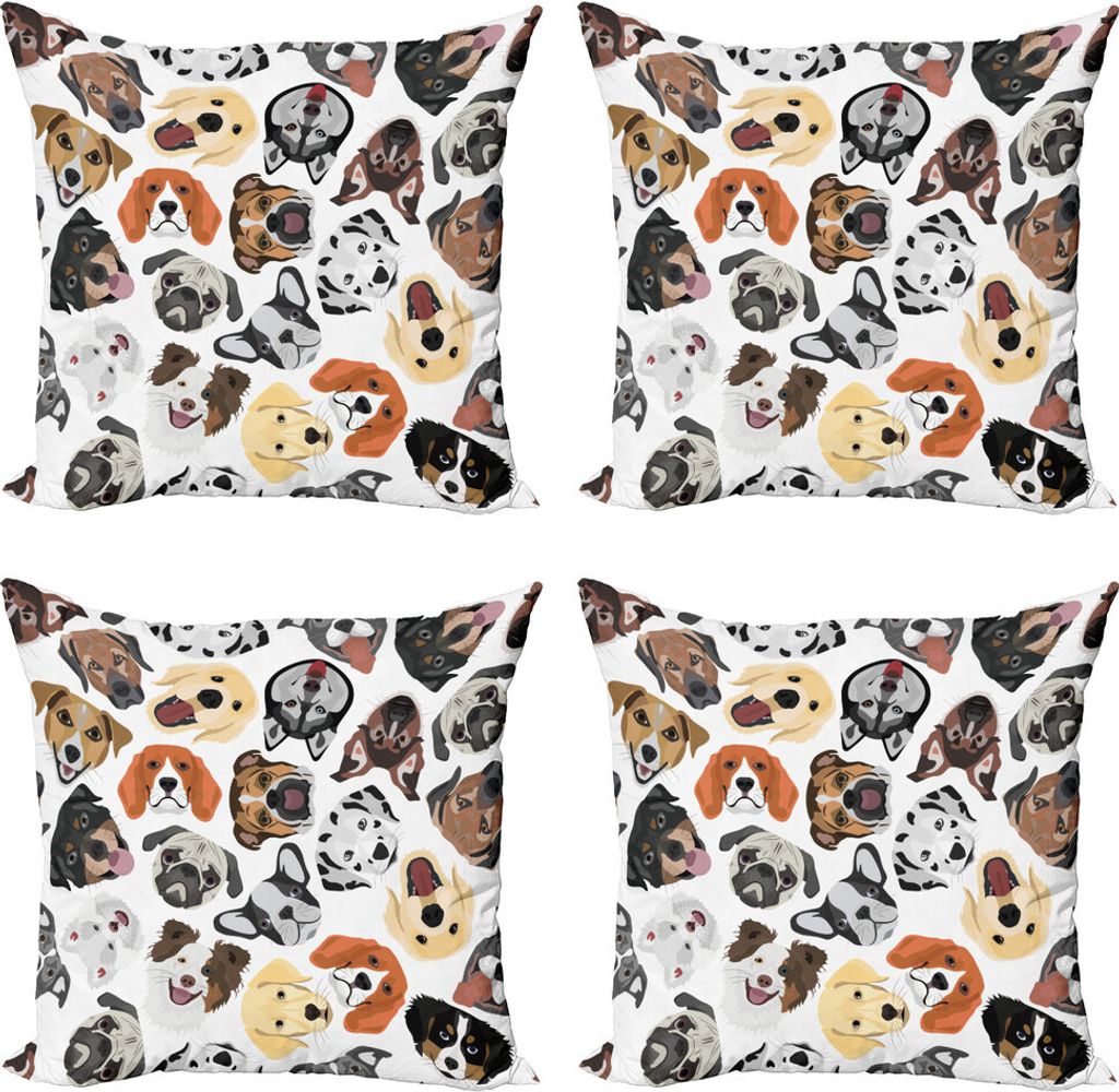 ABAKUHAUS Hunde Kissenbezug Set (4 Stück), Faces of Verschiedene Hunderassen, Moderner Doppelseitiger Digitaldruck, 40 cm x 40 cm, Mehrfarbig