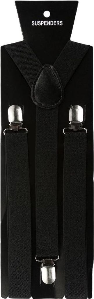A pair of black suspenders is displayed on a black cardboard backing.