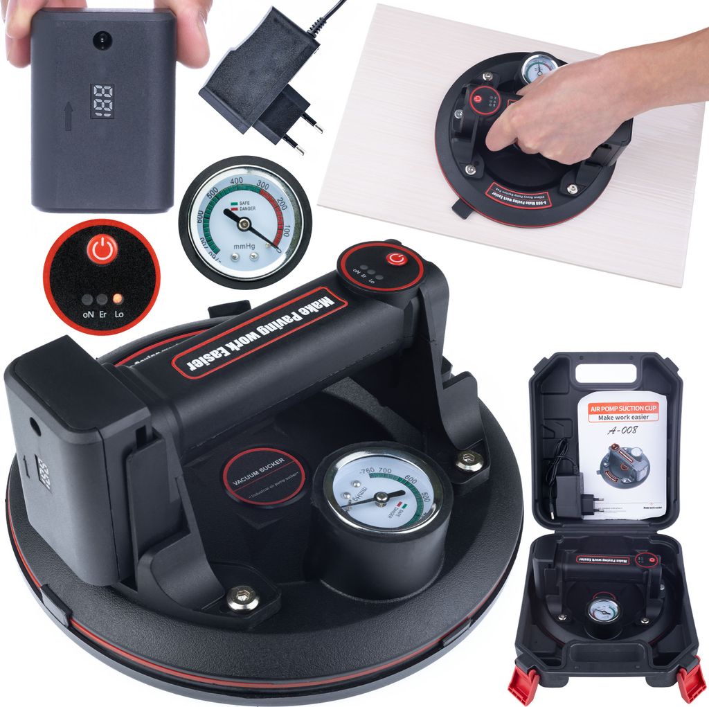 Rosfix Vakuumsauger Akku 200kg – Elektrische Saugplatte mit Manometer & Druckanzeige | 200mm Ø, 3,6V Li-Ion, 1500mAh u.a.