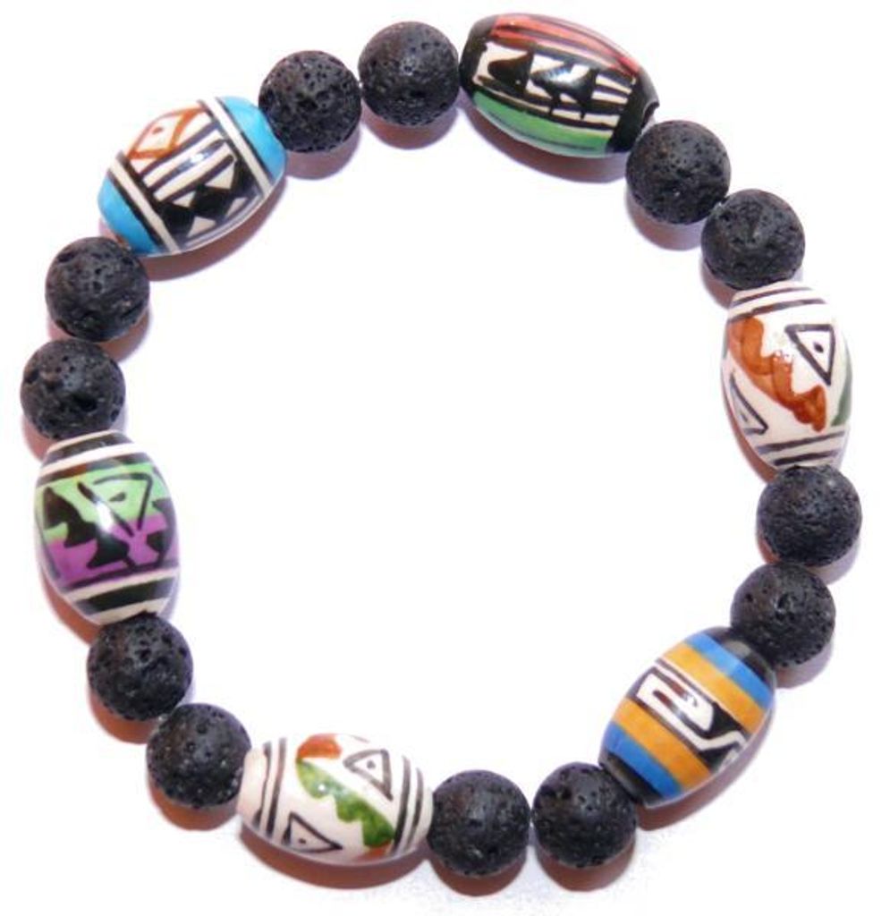 flexibles Armband aus Peru - mit vielen bunten Perlen und Lavasteinperlen 8 mm