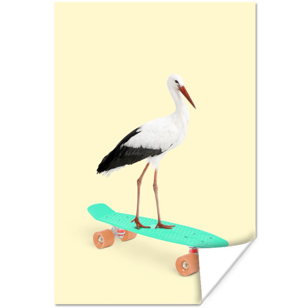 MuchoWow Poster Storch - Weiß - Tiere - Skateboard - Schwarz 60x90 cm - Wanddekoration