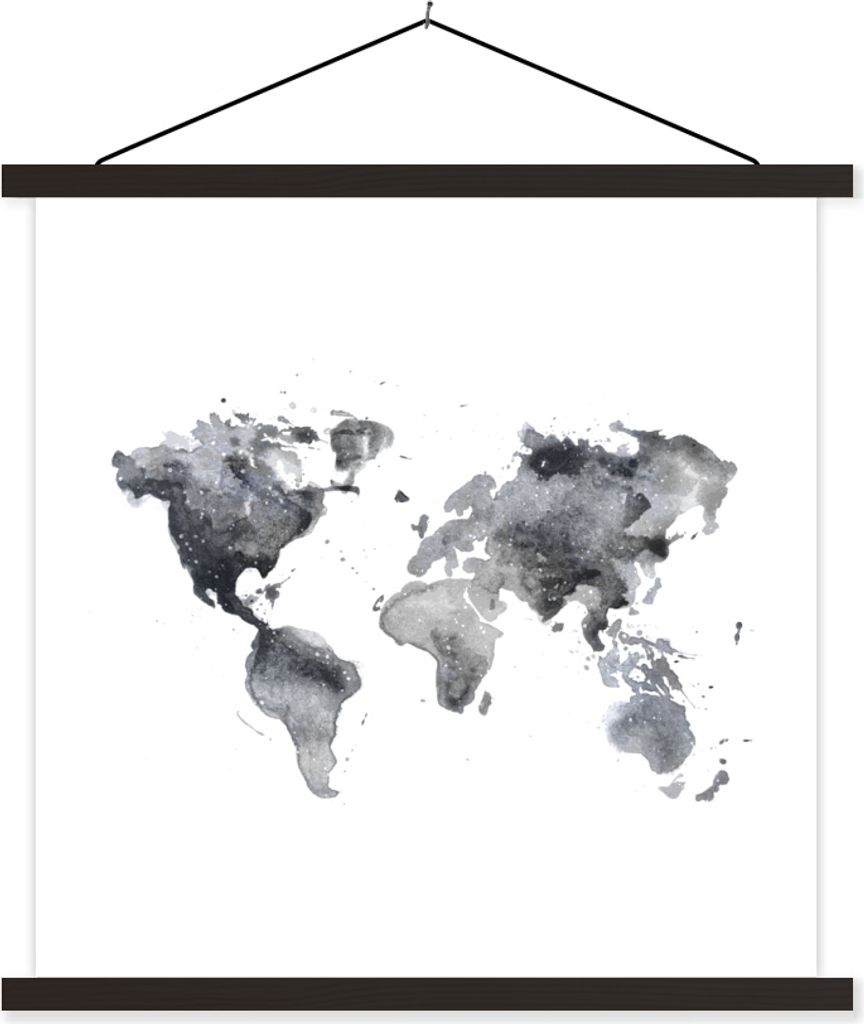 MuchoWow Textilposter Weltkarte - Aquarell - Schwarz und weiß 40x40 cm mit schwarzem Rahmen - Fotos