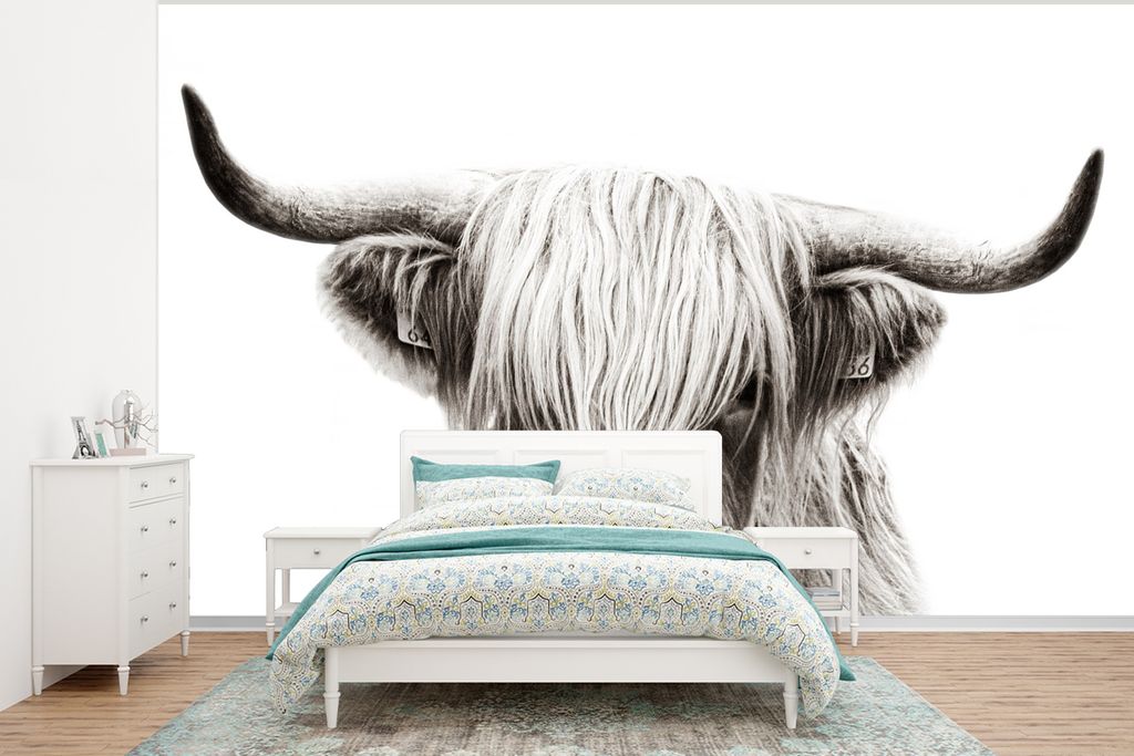 MuchoWow Fototapete für Wohnzimmer oder Schlafzimmer Wandtapete Vinyl Motivtapete Schottischer Highlander - Tiere - Schwarz - Weiß - 400x300 cm...
