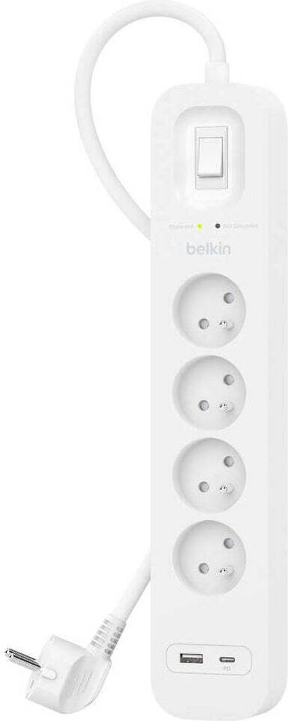 A white Belkin power strip with multiple outlets and USB ports, shown against a white background.