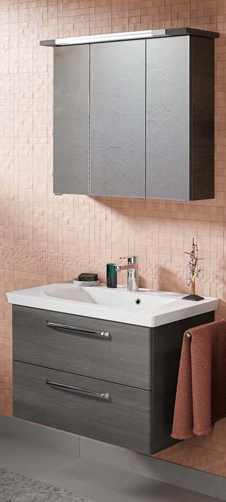 Waschplatz Set Badezimmer mit Mineralmarmor Waschbecken TRENTO-66 in Graphit Struktur Nb., B/H/T: ca. 80/200/51 cm