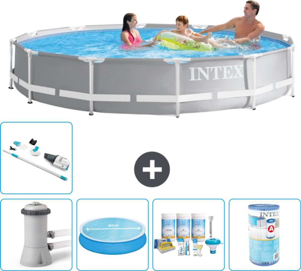 Intex Round Prism Frame Swimming Pool – 366 x 76 cm – Grau – inklusive Pumpe Sonnensegel - Wartungspaket - Filter - Staubsauger