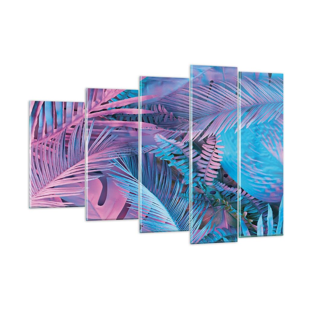 Bilder auf glas - 5 Teile - Blätter Rosa Blau - 150x100cm - Glasbilder - Wandbilder - Bilder - zum Aufhängen bereit - Wanddekoration aus Glas - G...