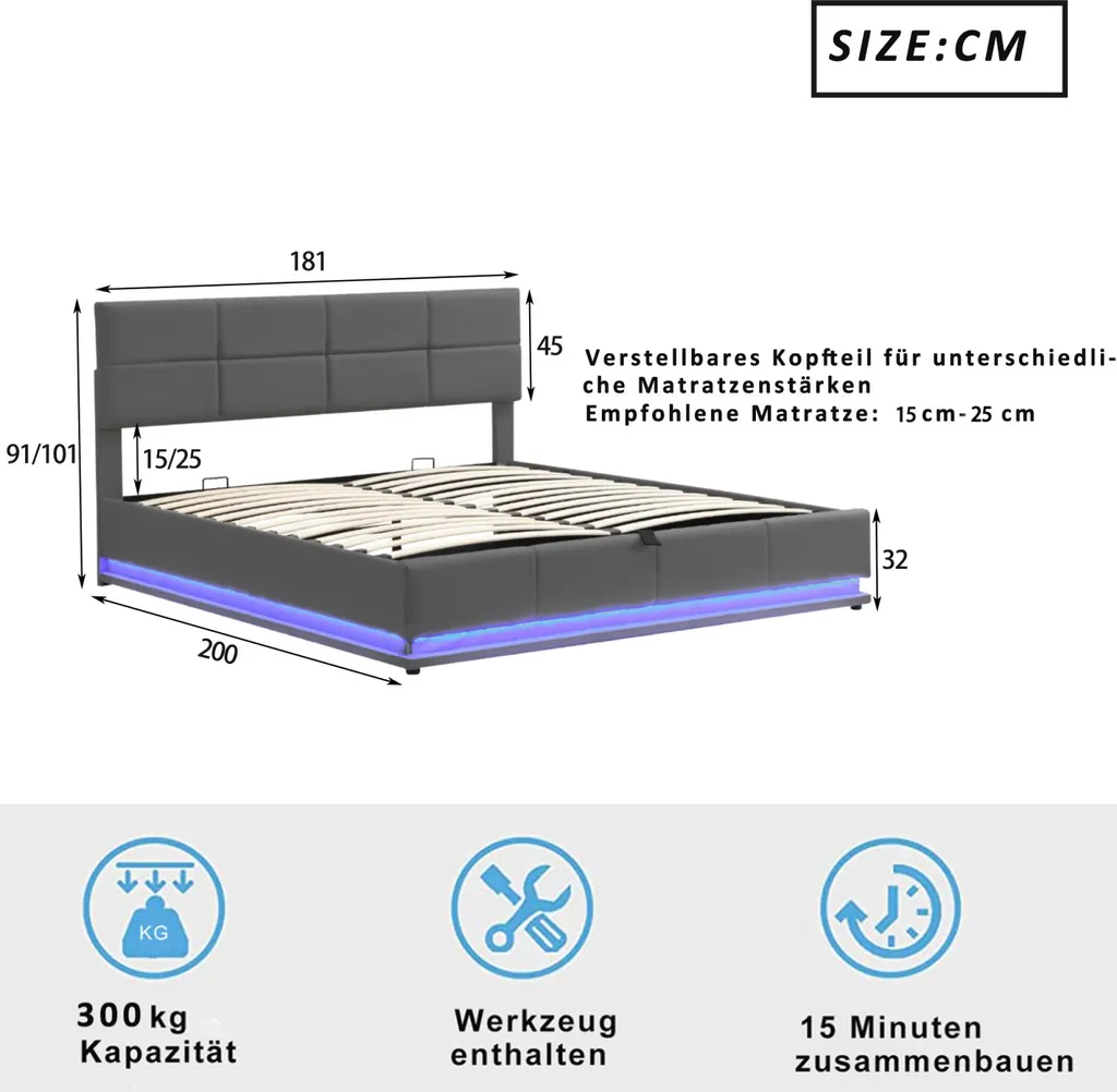 Lit coffre 180x200 cm gain de place pour chambre avec LED grise - 4
