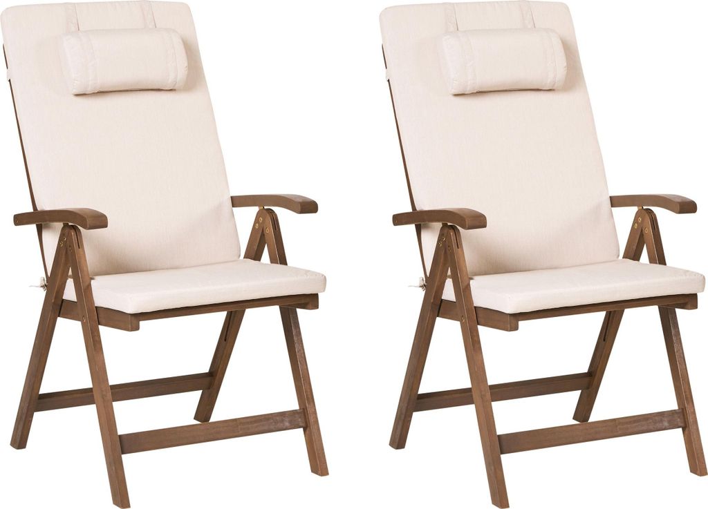 BELIANI Gartenstuhl 2er Set Dunkelbraun und Hellbeige Akazienholz Verstellbar Klappbar mit Auflagen Armlehnen Lamellen-Optik Rustikal Außenbereich