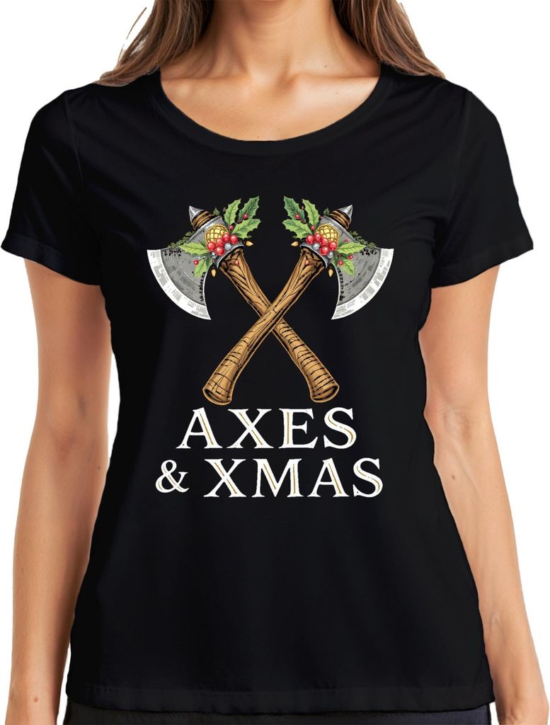Axes & Xmas Wikinger Axt Weihnachten Geschenk Vintage Damen T-Shirt, Schwarz, L